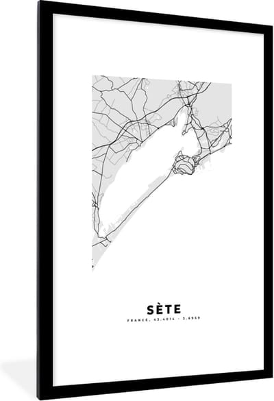Fotolijst incl. Poster - Frankrijk – Sète – Stadskaart – Plattegrond – Kaart - 80x120 cm - Posterlijst