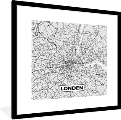 Fotolijst incl. Poster Zwart Wit- Londen - Stadskaart - Plattegrond - Zwart Wit - Kaart - 40x40 cm - Posterlijst