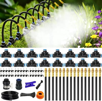 SnelShoppen - Irrigatiesysteem Tuin 15m Drip Irrigatie Systeem 360° Flexibele Tuinslang met 15 Messing Spray Nozzles voor Tuin, Patio en Gazon