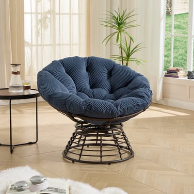 REDOM - Papasan Stoel - 360° Draaibaar - Modern - Voor Woonkamer Of Slaapkamer - Staal En PE-Rotan - Donkerblauw - 92 x 67 cm