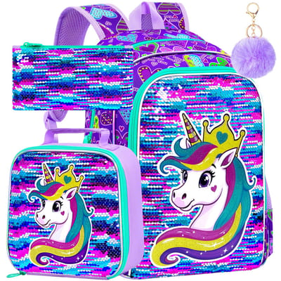 Regenboog Flip Pailletten Eenhoorn Rugzak 3-in-1 Set Meisjes Glanzende Schooltas met Lunchbox & Etui Kinderen Casual Dagrugzak voor D