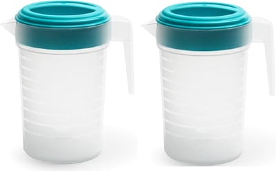 Plasticforte Waterkan met deksel - 2x stuks - 1 liter - blauw/ transparant - kunststof - schenkkan karaf
