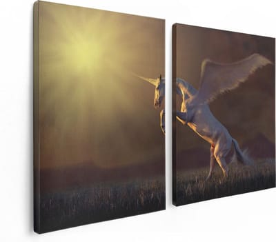 Artaza Canvas Schilderij Tweeluik Eenhoorn met Vleugels in het Gras - 120x80 - Foto Op Canvas - Canvas Print