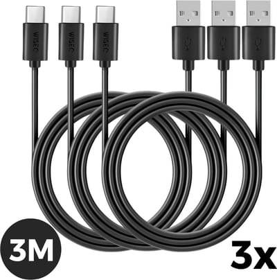 3x USB naar USB C oplaadkabel 3 meter - 3 stuks - USB C naar USB A snellaadkabel - geschikt voor Samsung Galaxy, Huawei en Apple iPhone - zwart - WiseQ