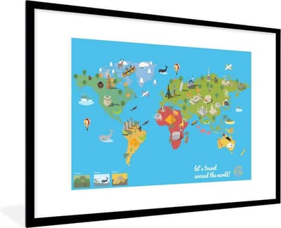Wereldkaart Kinderen - Modern - Symbolen - Schoolplaat - Kinderkamer - 90x60 cm