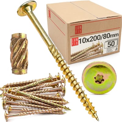 LUN FIX - Tellerkopfschroeven 10x200 - 50 stuks - TX40 Torx - Tellerkop met freestrips - Houtschroeven