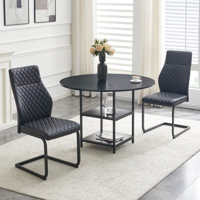 OKWISH Eethoek 107 Cm - Ronde Tafel Met Dubbele Opberglagen En 2 Eetkamerstoelen - Keuken Of Eethoek - Metaal - Zwart