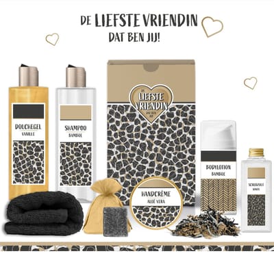 Geschenkset "de Liefste Vriendin dat ben jij !" - 7 producten - 780 gram - Triomf Cosmetica | Giftset voor haar Speciaal voor jou Cadeau Liefs Vriendschap Verjaardag Cadeaubox Wellness luxe Bedankt Geschenk Pakket Luxe Gift Set Panter Zwart Goud