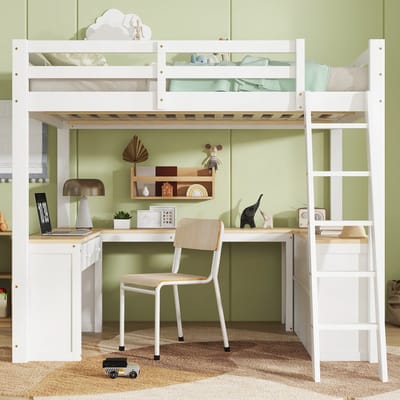 Hoogslaper 140x200 cm - kinderbed - U-vormige lange tafel - met twee lades en opbergrek - wit/natuurlijke kleur - zonder matras