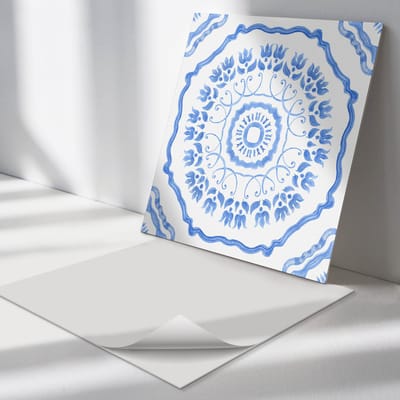 Wallfluent Vinyl Tegels - Bloemenmotief in Een Cirkel Zelfklevende PVC Tegels - 30 cm x 30 cm - Blauw Vinyl Tegels - Set van 9 - Vierkant PVC Tegels - Patroon Plaktegels - Vinyl Vloer Tegels - Plaktegels Keuken en Badkamer