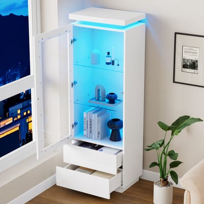 MODENUIT Vitrinekast - Met LED En 2 Lades - Voor Woonkamer En Presentatie - Spaanplaat En Acryl - 60x40x171 Cm - Wit