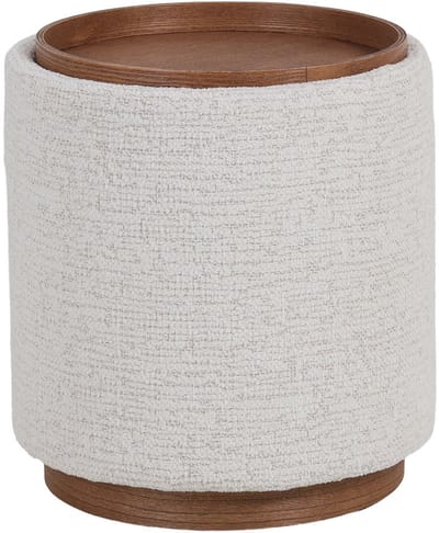 DÉJA Living Bijzettafel Marcia Beige/Walnoot – Rond – Met Opbergruimte – Essenfineer en Stof – 40x40x44 cm
