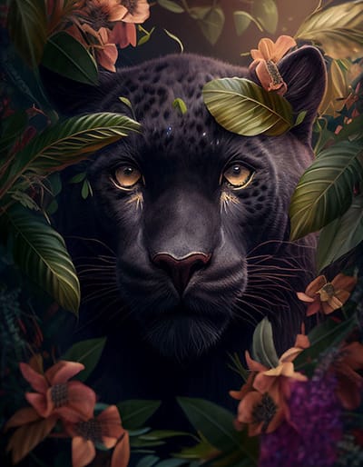 AI - Woondecoratie - Poster - Dieren - Panter - Bloemen en jungle - 25 - 60 x 80 cm
