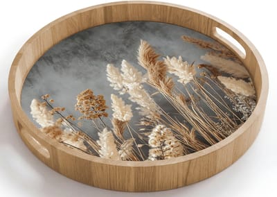 Dienblad rond 40x40 cm - Schootdienblad hout - Gedroogde Veldbloemen - Grijs - Beton - Borrelplank rechthoek - Plateau houten dienbladen