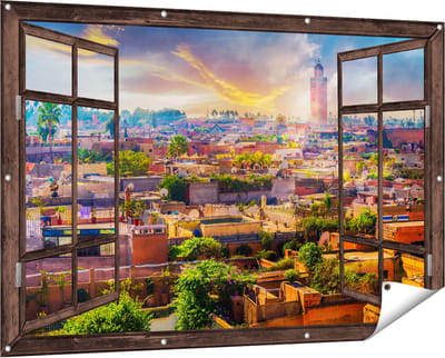 Gards Tuinposter Doorkijk Medina van Marrakesh in Marokko - 150x100 cm - Tuindoek - Tuindecoratie - Wanddecoratie buiten - Tuinschilderij