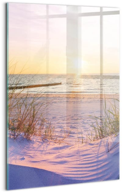 Wallfluent Glasschilderij - Poolse Zee - strand in de zon Foto In Glas - 40x60 cm - Roze Verticale Muurschildering - Landschap Schilderij Glas - Foto Schilderij Op Glas - Glazen Schilderij