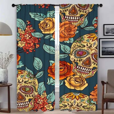 Schedel Halloween Decoratie Verduisteringsgordijnen voor Woonkamer Jaloezieën Tule voor Slaapkamer Huisinterieur Gordijnen 2 Stuks Afscheiding W50xH70cmx2pcs-CL