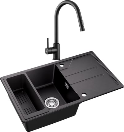 CECIPA max Spoelbak Keuken 78*45cm - Graniet Spoelbakken Met Keukenkraan - Multifunctionele Spoelbak Met Planchet en Afvoermand - Met waterafvoersysteem - Voor 60 cm kast - Zwart