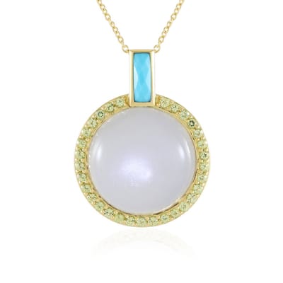 Cavill - 925 Sterling Zilver Vergulde Ketting - 18,9 ct Witte Cabochon Maansteen, Peridot, Turkoois - Elegante Handgemaakte Hanger