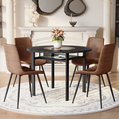 OKWISH Eethoek Set 100 Cm - Ronde Tafel Met 4 Stoelen - Voor Eetkamer En Woonkamer - Metaal En Stof - Bruin Zwart
