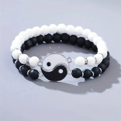 2 Stuks Yin Yang Armband Set - Kralenarmband Dames & Heren - Vintage Bohemian Sieraden - Spiritueel Symbool van Balans & Harmonie - Verstelbaar, Comfortabel & Duurzaam - Unisex Armbanden Set - Perfect Cadeau voor Vrienden & Koppels