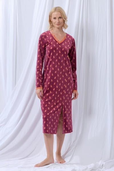 Lords & Lilies slaapkleed dames velours - wijnrood - blaadjes all-overprint - 252-51-TDE-V/987 - maat S