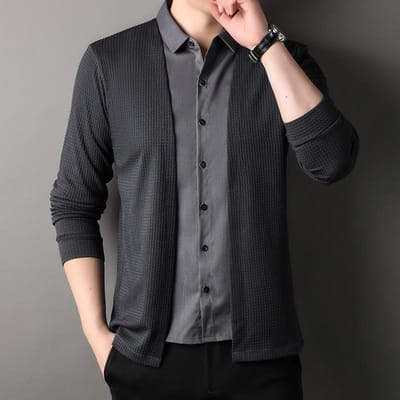 Herfst Effen Kleur Koreaanse Stijl Heren Fake Tweedelig Gebreid Vest T-shirt met Lange Mouwen Veelzijdig T-shirt Herenkleding XXXL gray