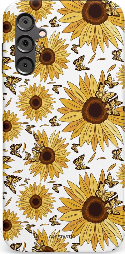 Casetastic Hoesje Geschikt voor Samsung A14 (5G/4G) - Stijlvolle Beschermende Duo-layer Case - Zonnebloem Zomer met vlinders