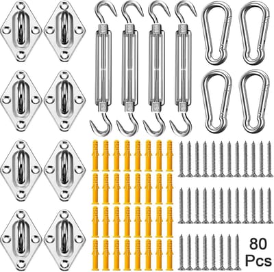 Daity 1 set - Montageset voor schaduwdoeken – 304 roestvrijstalen accessoires voor de installatie van rechthoekige en driehoekige schaduwdoeken en zonneschermen – Geschikt voor tuin en terras （80psc）