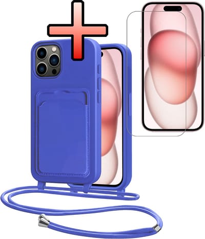 Hoes Geschikt voor iPhone 14 Pro Max Hoesje Pasjeshouder Cover Met Koord Case Siliconen Hoes Met Telefoonkoord en Kaarthouder Met Screenprotector - Felblauw