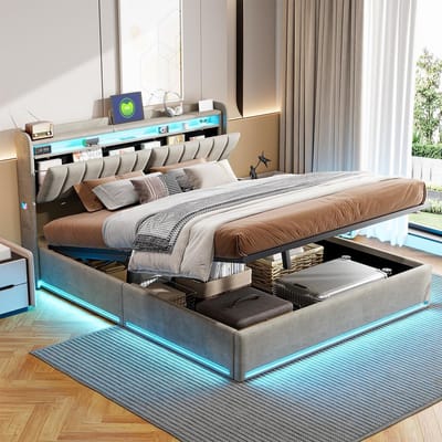 Tweepersoonsbed 140x200 cm met Opbergruimte, Hydraulisch Frame en LED-verlichting