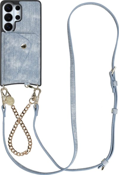 AVY Hoesje geschikt voor Samsung Galaxy S26 Ultra | Met Koord en Kaarthouder | Compatibel met MagSafe | Kunstleren Case met Polsand & Crossbody Koord & Wallet | Gold Denim Set | Denim