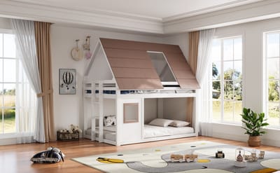Houten Stapelbed Met Overkapping - 140x200 Cm Kinderslaapbed Met Ladder, Wit En Bruin - Stevig Met Leuningen En Lattenbodem