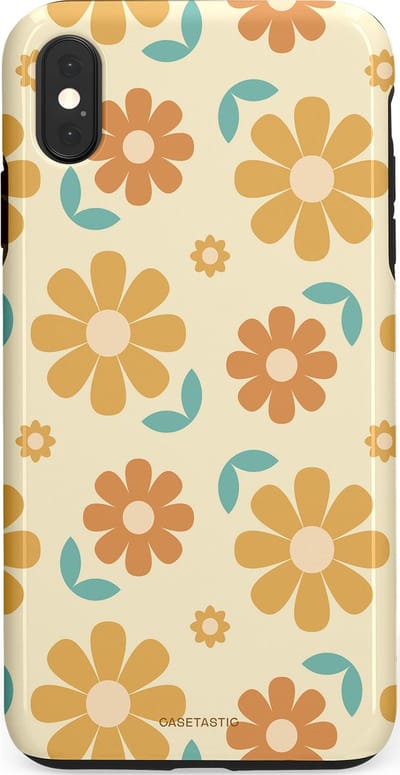 Casetastic hoesje geschikt voor Apple iPhone XS Max - Dubbellaagse bescherming - Flower power Retro Bloemen - Geel - Oranje - Blauw - Fashion Case - Crème Goud Perzik