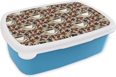 Broodtrommel Blauw - Lunchbox - Brooddoos - Koffie - Kaneel - Patronen - 18x12x6 cm - Kinderen - Jongen