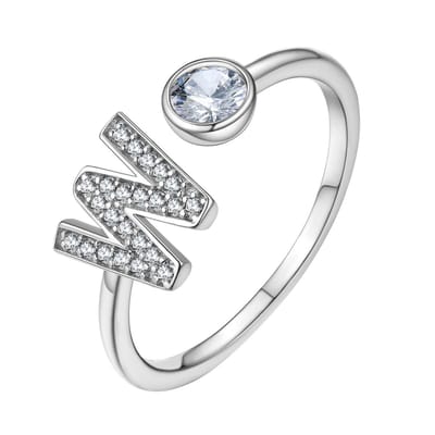 Dailygoody - Zilveren Ring - Verstelbare Letterring - Zirkoon - Witgoud - Initiaal Ring - Geschikt voor Dames - Ringmaat 51,8-67,2