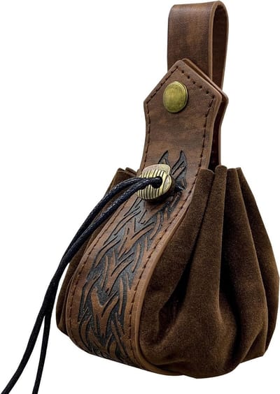 Retro Nordic Faux Leather Trekkoord Tas, Middeleeuwse Heuptas voor Viking LARP en Halloween, Ideaal voor Munten en Accessoires (Bruin)