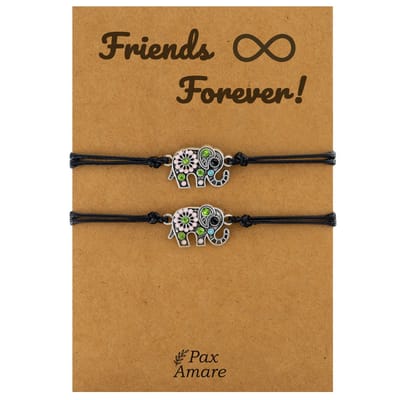 Vriendschapsarmbandjes voor 2 "Friends Forever" - Olifant - BFF Armbandjes met Cadeau Kaartje - Zwart & Zilverkleurig - Elastisch Verstelbaar - Pax Amare