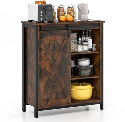COSTWAY Sideboard, keukenkast in industriële stijl met schuifdeuren en 3-traps verstelbare planken, houten commode voor keuken, eetkamer, woonkamer, hal, 70 x 30 x 81 cm