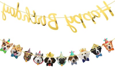 Vrolijke Verjaardagsbanner Set met 10 Hondengezichten, Kleurrijke Bunting en Verjaardagsgarland voor Hondenfeestdecoratie en Verjaardagsfeest Supplies
