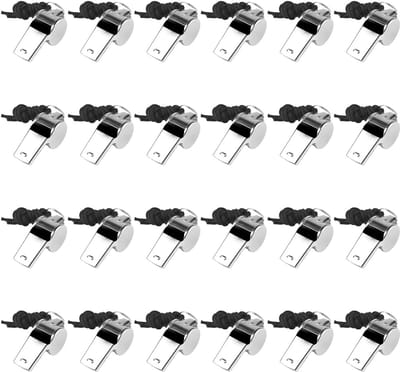 24 Stuks RVS Fluiten met Sleutelhanger - Schiri Fluit - Handfluit - Sportlessen - Signaalfluit voor Schoolsport - Hondentraining - Sporteducatie en Voetbal