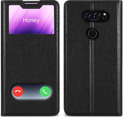 Cadorabo Hoesje geschikt voor LG V30 / V30+ / V30S / V30S+ in KOMEET ZWART - Beschermhoes met magnetische sluiting, standfunctie en 2 kijkvensters Book Case Cover Etui