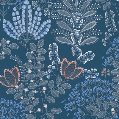 Bloemen behang Profhome 393494-GU vliesbehang hardvinyl warmdruk in reliëf licht gestructureerd met bloemmotief mat blauw wit grijs oranjerood 5,33 m2