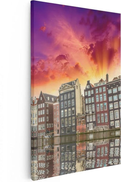 Artaza Canvas Schilderij Amsterdam - 80x120 cm - Groot - Wanddecoratie Grachtenpanden - Muurdecoratie Zonsondergang - Schilderijen Op Canvas