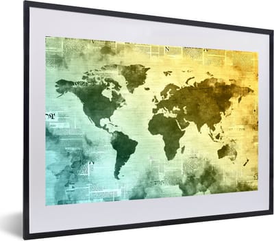 Poster in lijst - Fotolijst 60x40 cm - Posters - Wereldkaart - Blauw - Geel - Posterlijst zwart - Decoratie - Wanddecoratie woonkamer - Muurdecoratie slaapkamer