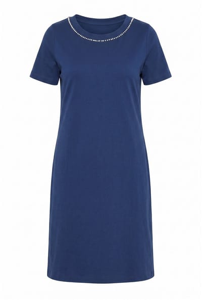 MIAMODA - Dames - Jersey jurk A-lijn sierkraaltjes korte mouwen - Donkerblauw - Maat 46