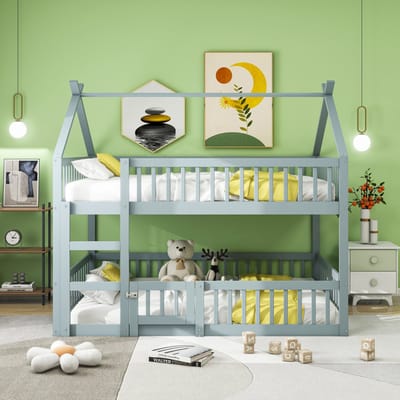 VVBV Houten Stapelbed 140x200 cm met Voor Kinderen/Tieners, Trap/Ladder - Massief Hout Grijs