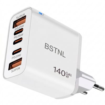 BSTNL 140W USB-C Snellader - Geschikt voor al jouw USB-C - GaN Oplader - Compact & Krachtig - 5 Poorten - Snelladen voor Laptop, Tablet & Smartphone - USB C Adapter - Wit