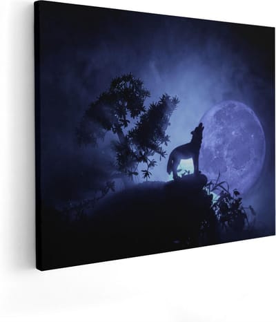Artaza Canvas Schilderij Wolf - 100x80 cm - Groot - Wanddecoratie Huilende Wolf - Muurdecoratie Volle Maan - Schilderij Dieren - Paars