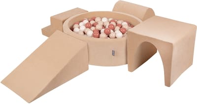 KiddyMoon Schuim speeltuin voor Ballenbad VELVET met 200 ballen Tunnel Trap - Speelgoed baby schuim - Ballenbak ballen - Kunststof ballen - Voor sensorische - Beige pastel beige-haired-wit